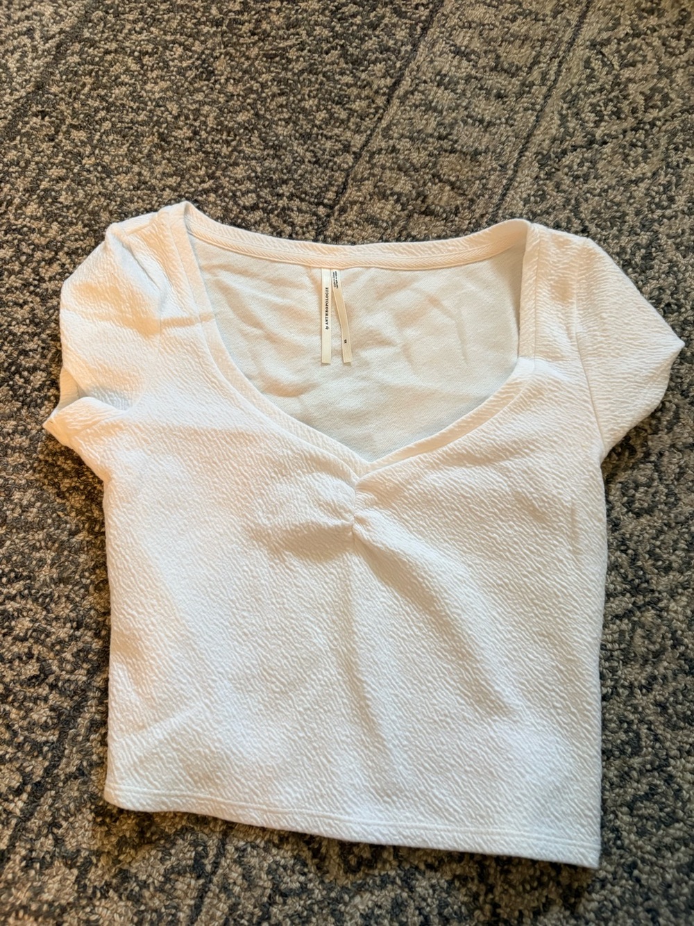 Anthropologie White Textured V-Neck Crop Top - Short Sleeve